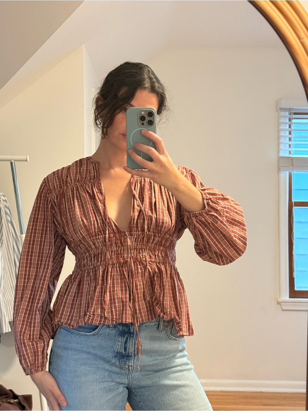 Smocked Waist Rust Plaid Button-Down Blouse